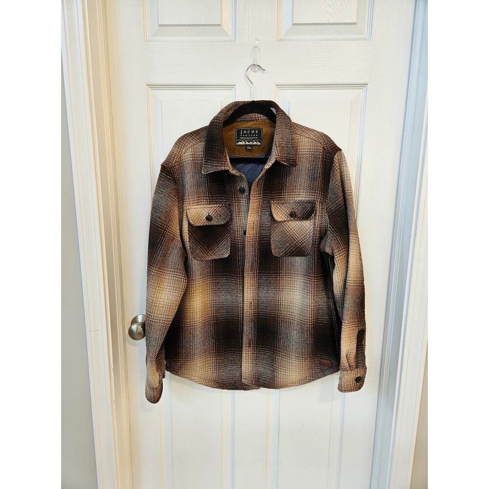 Jachs New York Mens Large Plaid Shirt Jacket Brown Wool Blend Button Front Lined